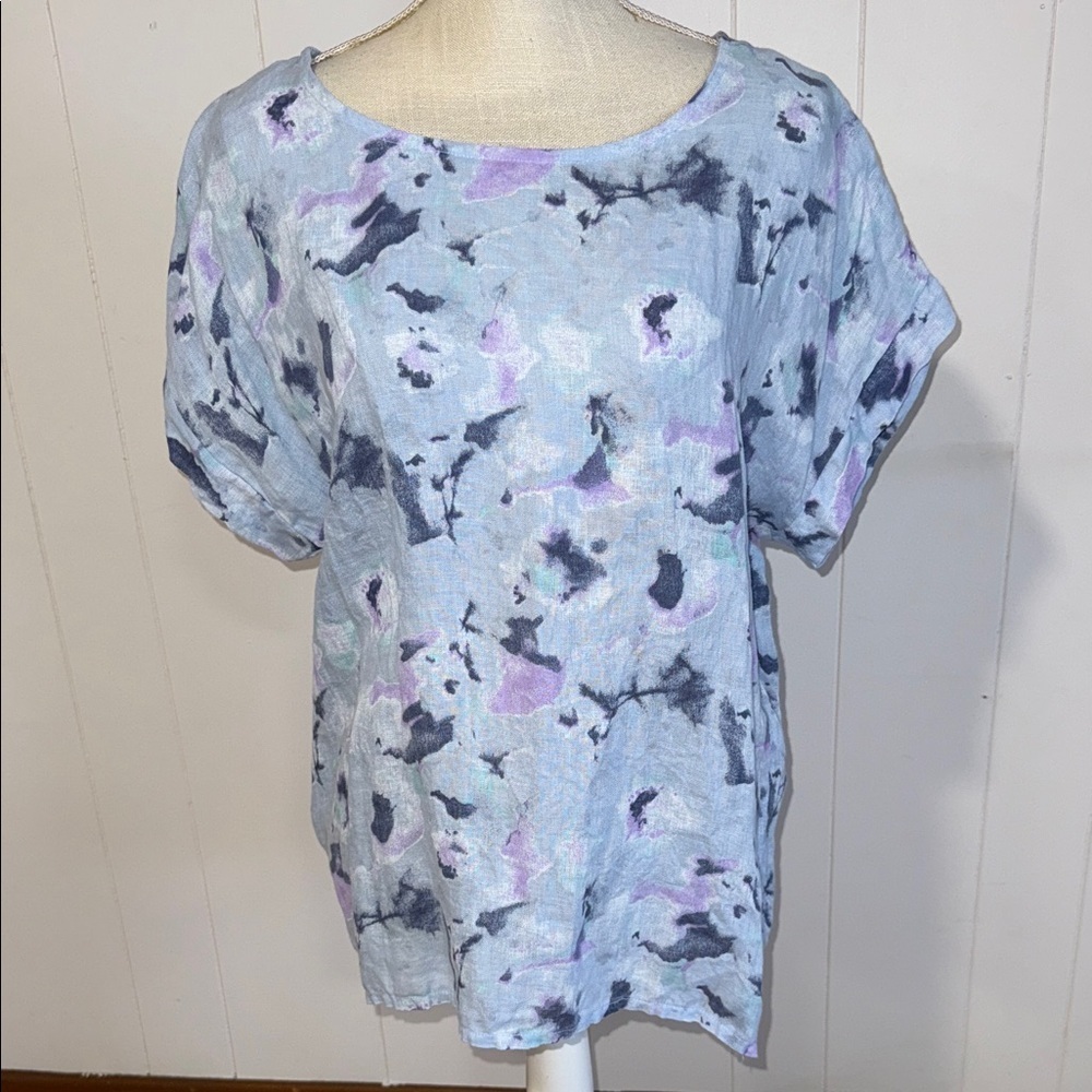 100% linen-Abstract Blue and Purple Short Sleeve Top